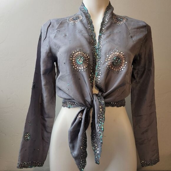Sage Gray Top Cardigan Size‎  S/M Boho Silk Iridescent Sequin Hand Dyed Coastal - Picture 1 of 14